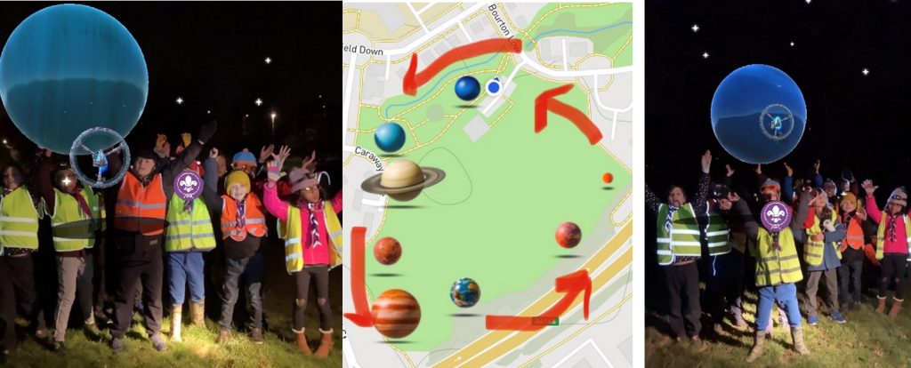 Space trail at Walnut Tree Sports Ground. Coniston Cub pack in the dark with two AR planets: Neptune and Uranus.