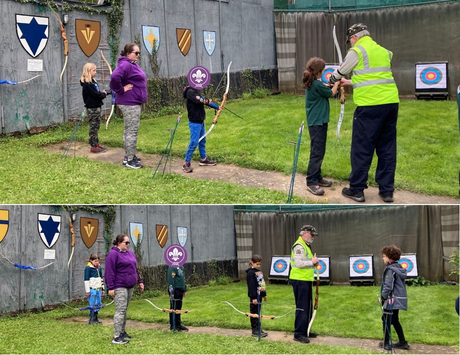 Photo of Cubs with arrows and bows in hand at the archery range.